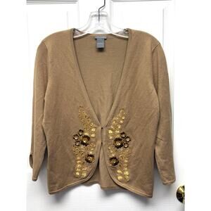 Ann Taylor Sweater Silk Cashmere Beaded Cardigan Small Gold Floral 3/4 Sleeve